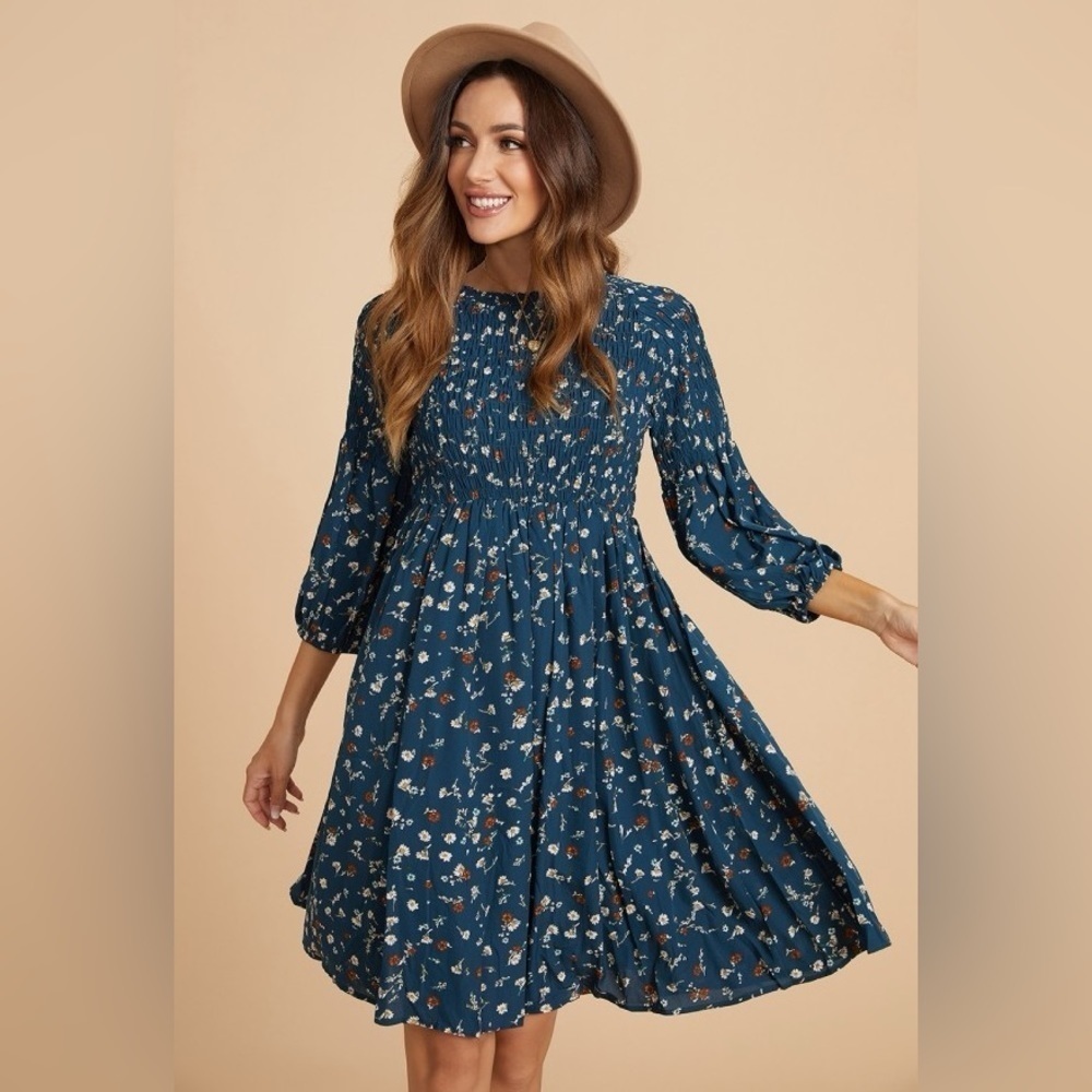 CURVEDREAM Round Neck 3/4 Raglan Set Bishop Sleeve Midi Dress